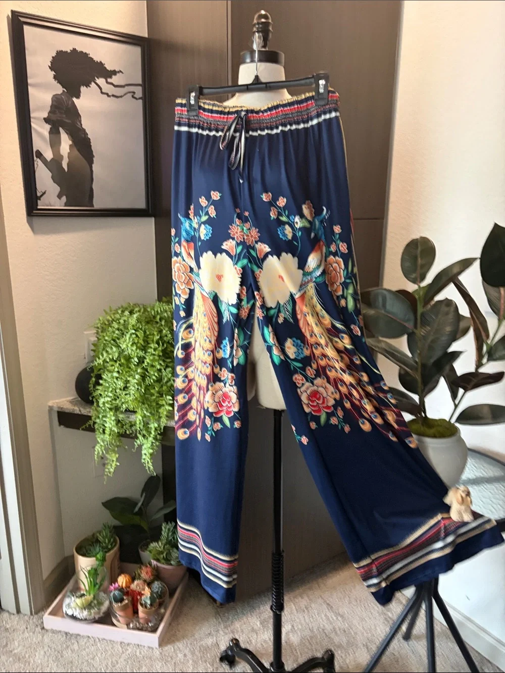 Navy Peacock-Print Curtain Panel with Floral Accents